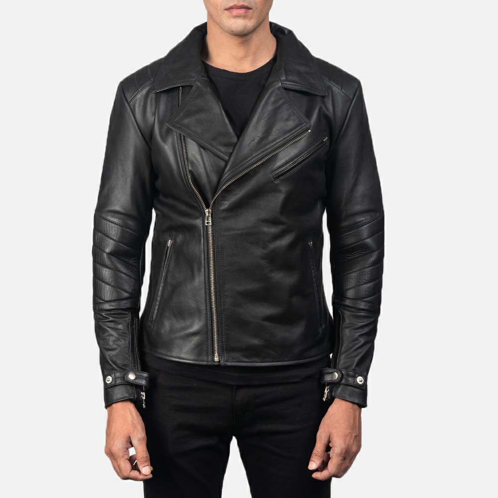 Black Leather Moto Jacket with Padded Sleeves and Buckled Cuffs